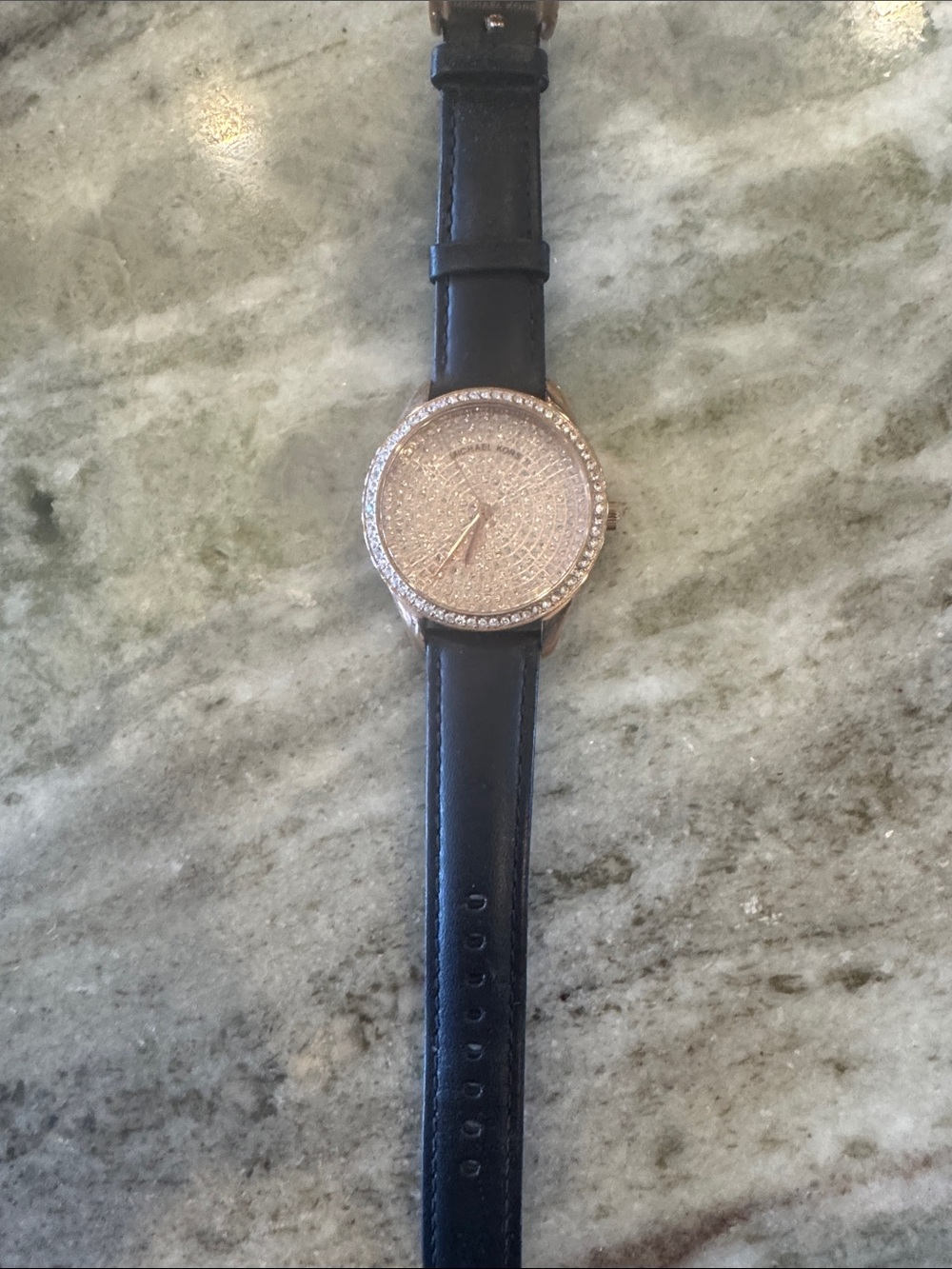 Crystal Pave Round Face Watch with Black Leather Strap Micheal Kors